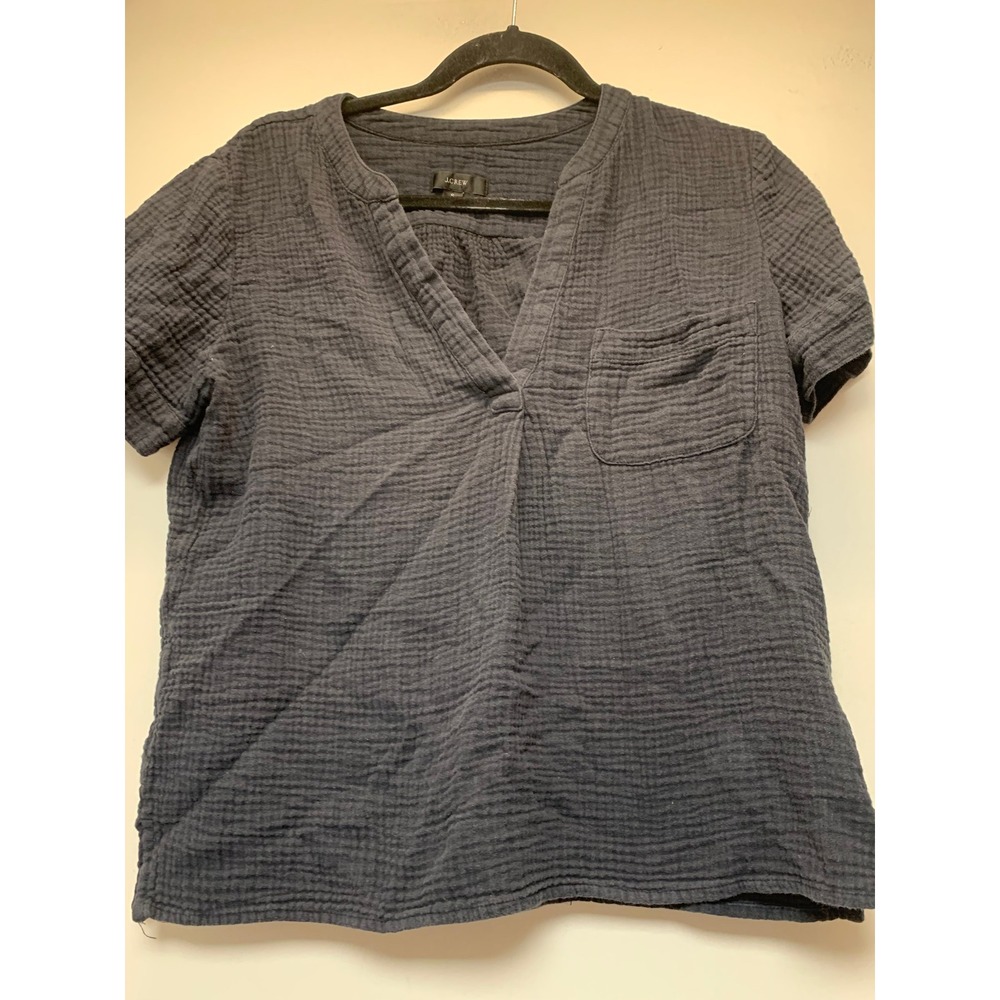 J.Crew Gauze Blouse Womens Small Navy‎ Blue Excellent V-Neck Cotton Pocket Top